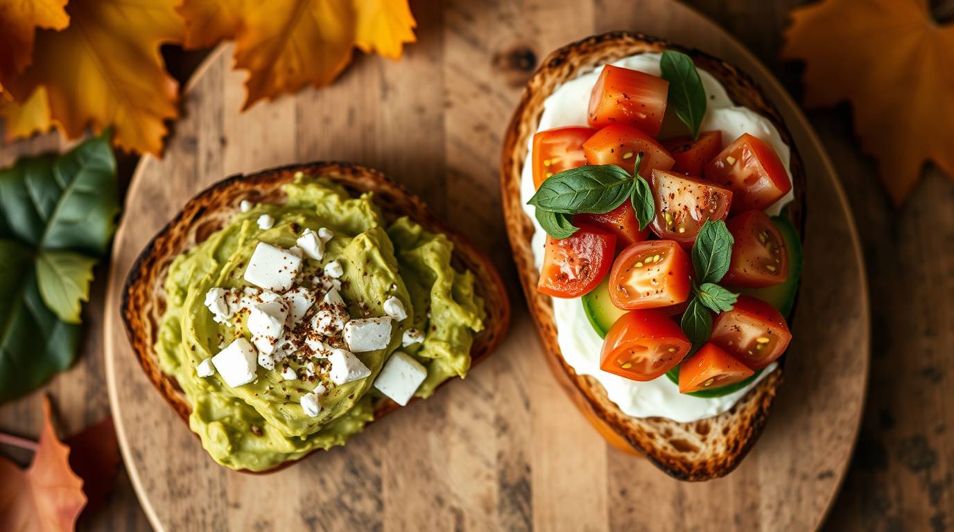 Two slices of avocado toast on a wooden cutting board, one topped with crumbled feta cheese and the other with diced tomatoes, cream cheese, and a sprinkle of chili flakes, served on whole-grain bread.