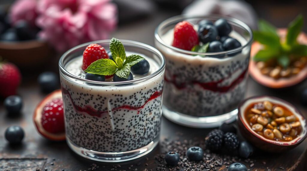 A delicious bowl of berry chia pudding topped with fresh strawberries, blueberries, and a drizzle of honey.