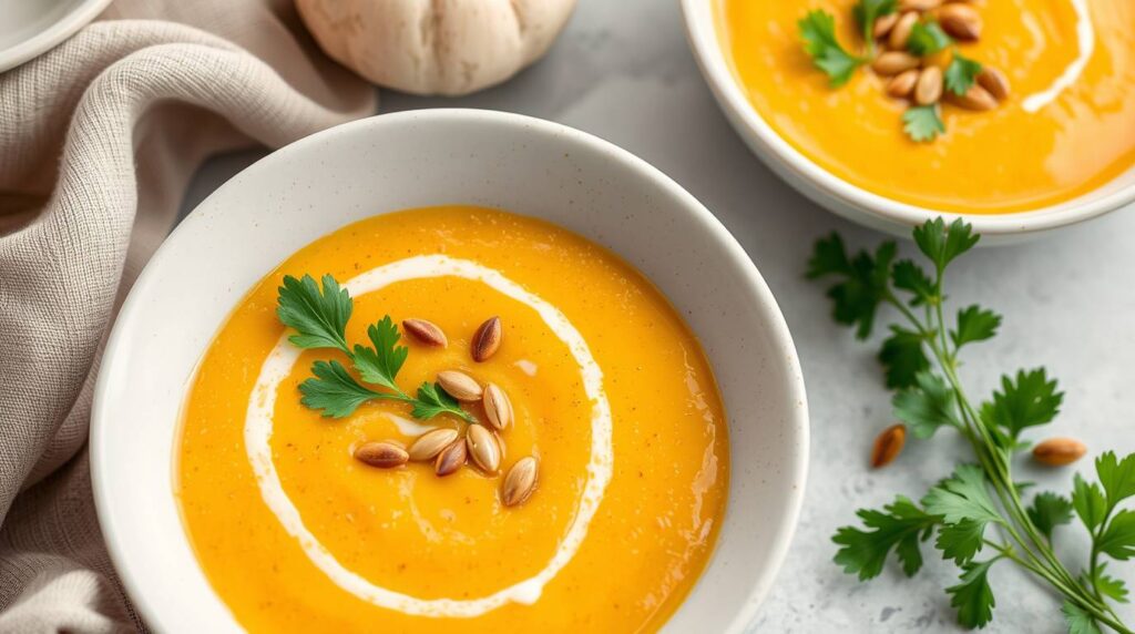 A creamy bowl of butternut squash soup garnished with fresh parsley, crunchy pumpkin seeds, and pink peppercorns, served alongside a slice of crusty bread on a rustic wooden table.