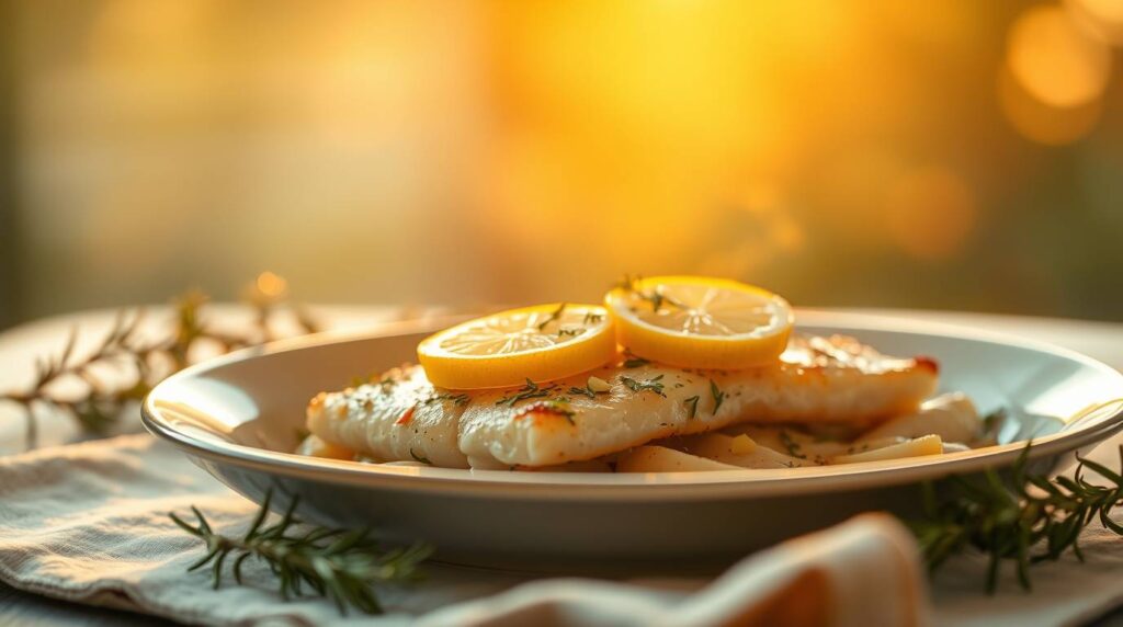 A plate of perfectly baked fish fillets with fresh herbs, lemon slices, and a drizzle of olive oil.