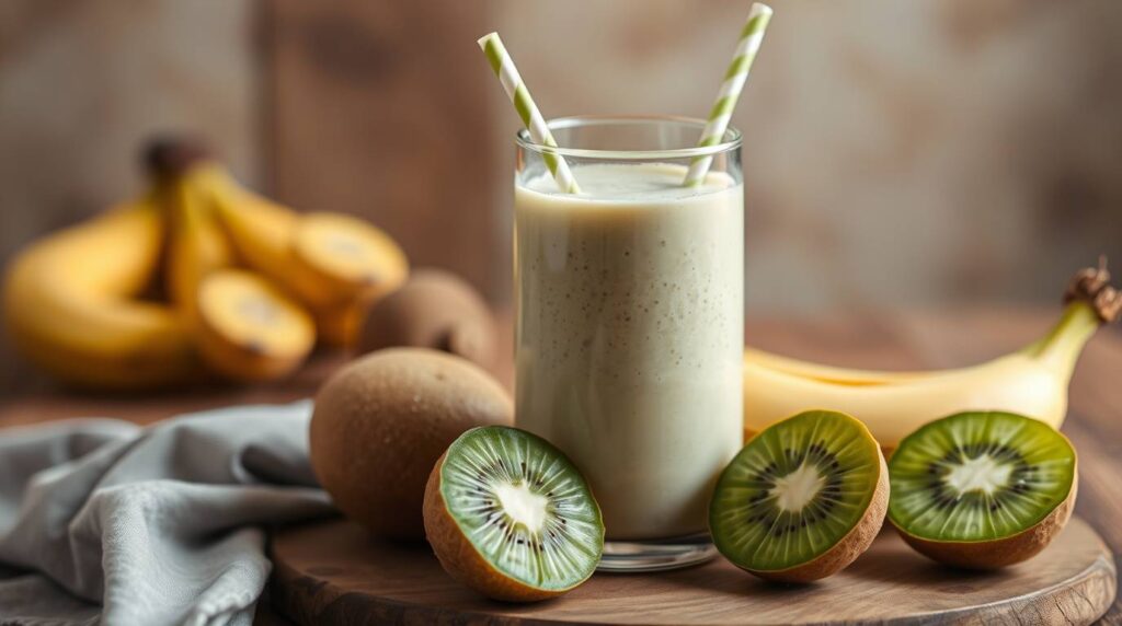 A refreshing kiwi-banana smoothie in a glass, garnished with slices of kiwi and banana.