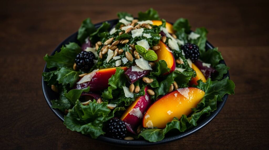 A vibrant Peach & Kale Salad served in a white bowl, featuring colorful ingredients like fresh peach slices, blackberries, thinly sliced fennel, mixed greens, walnuts, pumpkin seeds, and shaved Parmesan cheese, drizzled with a light lemon-honey dressing.