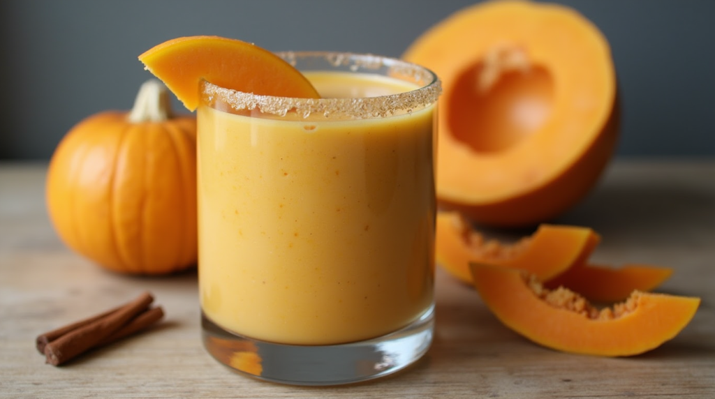 A creamy orange Chai-Spiced Butternut Squash Smoothie served in a glass, garnished with a slice of butternut squash, surrounded by whole butternut squash, squash slices, and cinnamon sticks on a wooden table.