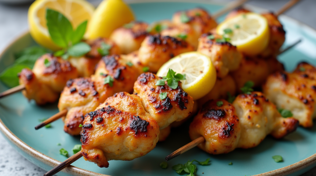 Grilled preserved lemon chicken skewers garnished with fresh parsley and served with lemon wedges on a white plate.