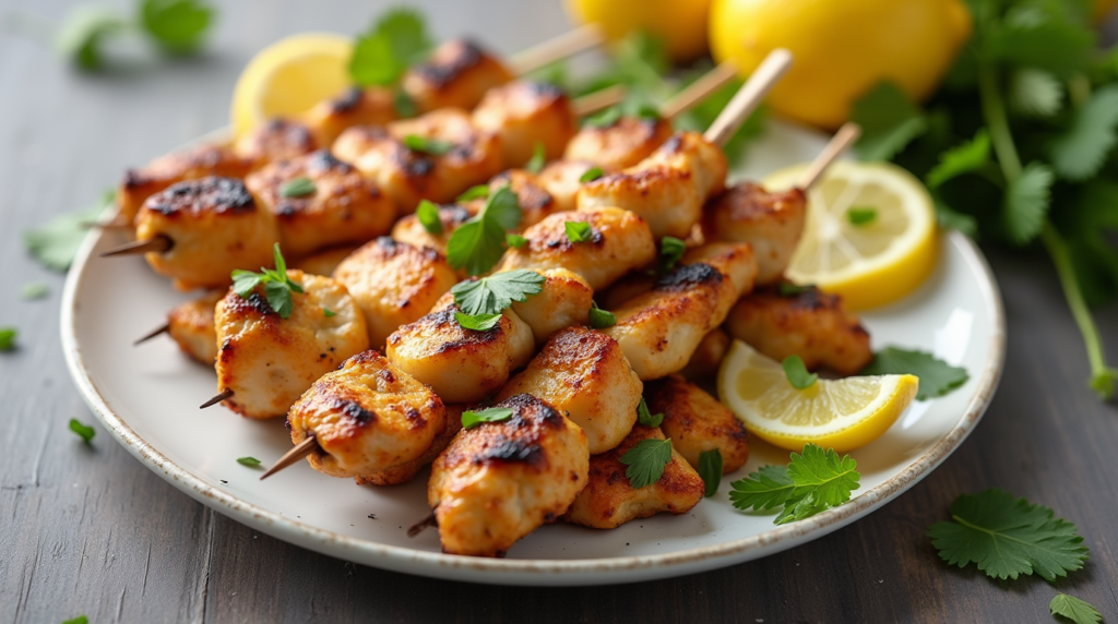 Grilled preserved lemon chicken skewers garnished with fresh parsley and served with lemon wedges on a white plate.