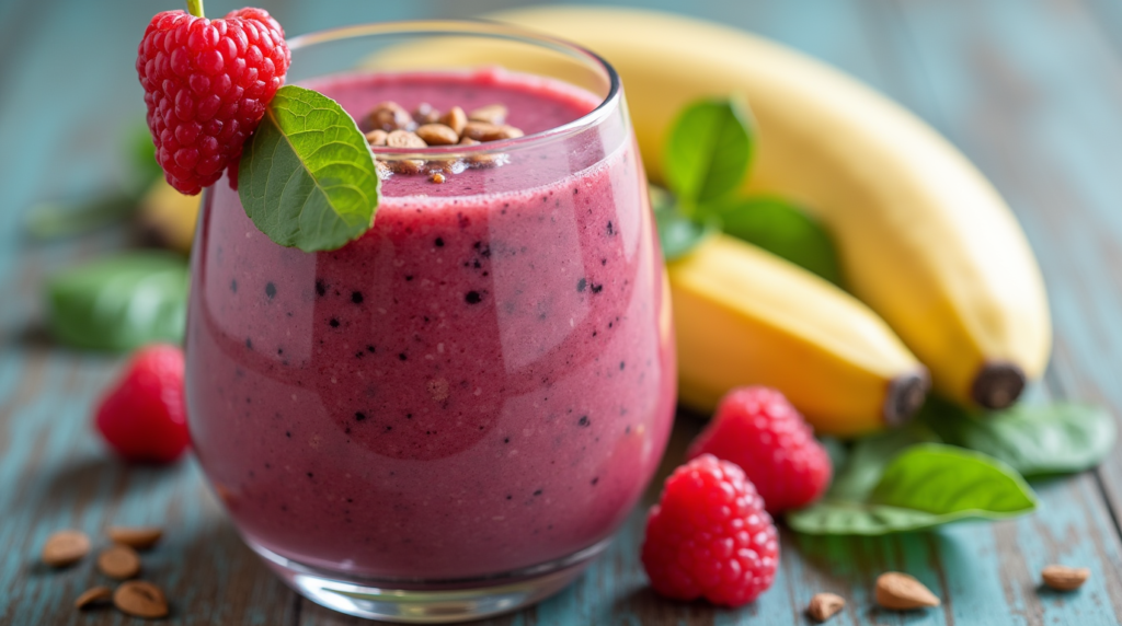 A glass of vibrant pink Raspberry Banana Spinach Smoothie garnished with a fresh raspberry, spinach leaf, and surrounded by bananas and raspberries on a wooden table.