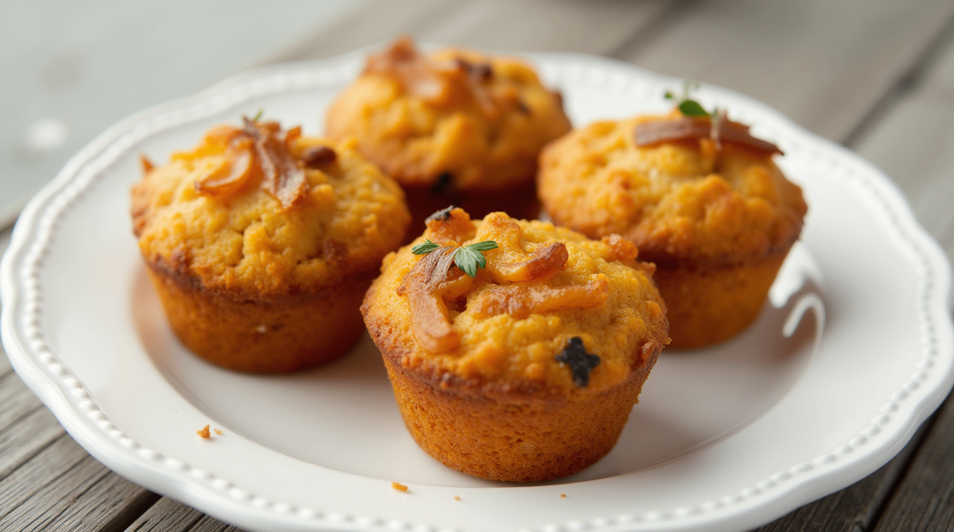 Golden-brown Sweet Potato and Caramelized Onion Muffins served on a rustic wooden tray, garnished with fresh thyme