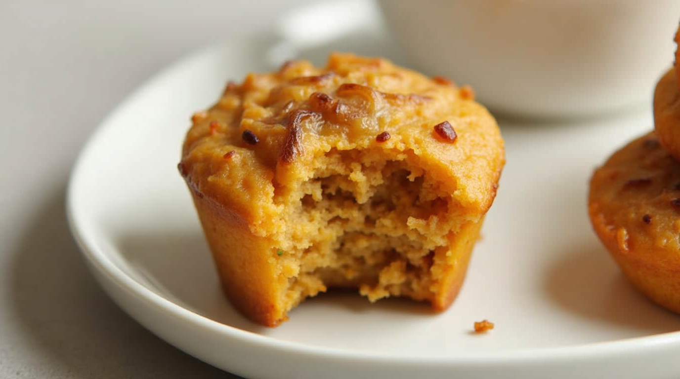 Golden-brown Sweet Potato and Caramelized Onion Muffins served on a rustic wooden tray, garnished with fresh thyme.